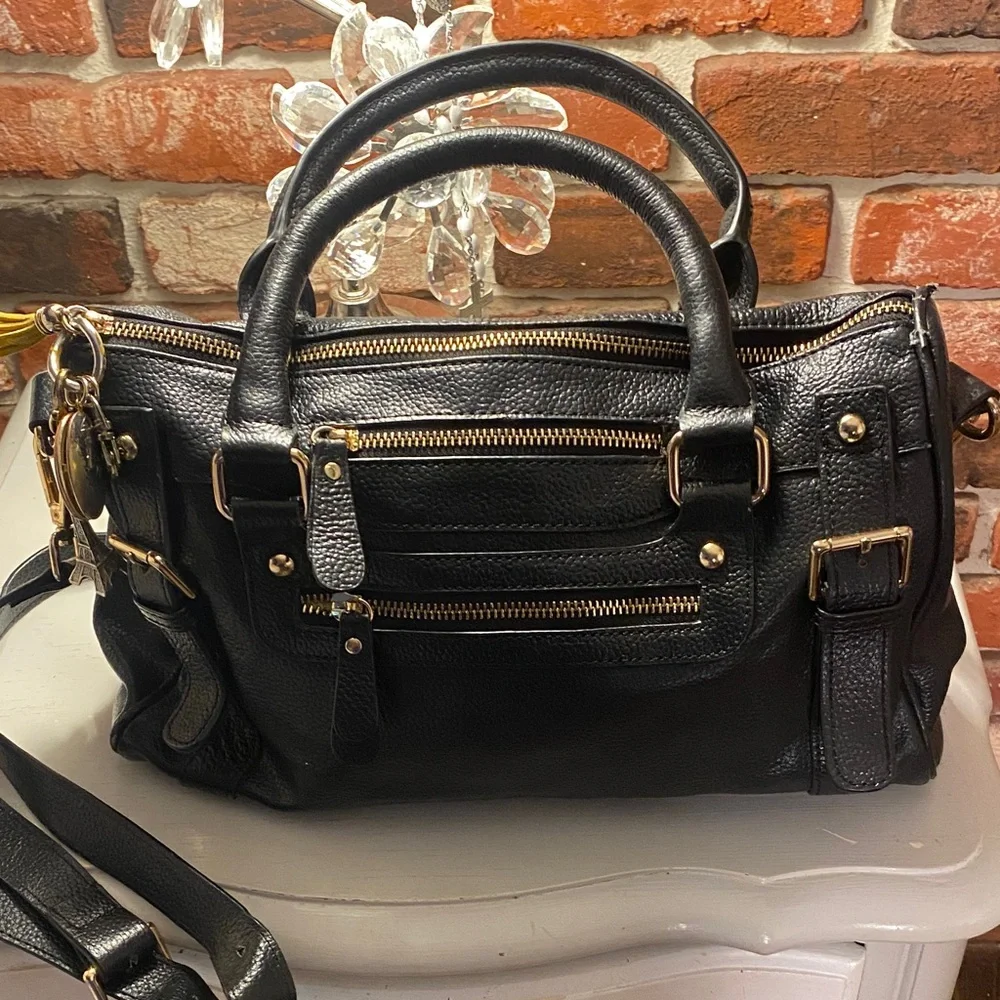 Classic Black Leather Satchel with Gold Accents